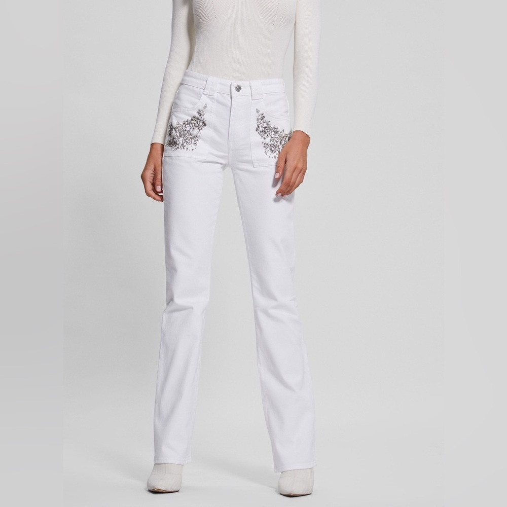 New Guess White Flare Jeans with Floral Embroidery SZ 26 - Picture 3 of 11